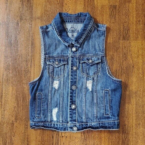 Vanity Womens Sz Medium Denim Vest Distressed Bejeweled - Picture 1 of 11